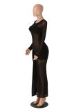 Solid Color Long Sleeve Mesh Maxi Dress MZ-0471