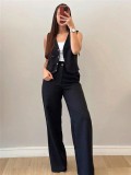 V Neck Sleeveless Blazer Buttons Wide Leg Pants Suit SH-391364
