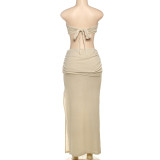 Sexy Solid Wrap Chest Tops Split Long Skirts Suit GYME-K25S68753