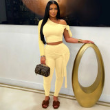 Single Shoulder Long Sleeve Tie Up Two Piece Pants Set MZ-2904