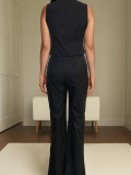 V Neck Sleeveless Blazer Buttons Wide Leg Pants Suit SH-391364
