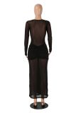 Solid Color Long Sleeve Mesh Maxi Dress MZ-0471
