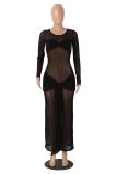 Solid Color Long Sleeve Mesh Maxi Dress MZ-0471