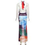 Sexy Mesh Print Backless Vest Two Piece Skirts Set GYME-K25S67644