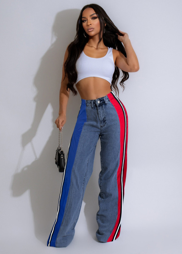 Stripe Contrast Color Patchwork Loose Jeans ZSD-0739