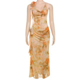 Print Tie Up Mesh V Neck Maxi Dress GYME-K25D68271