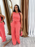 Solid Color Sleeveless Tie Up Two Piece Pants Set SFY-728