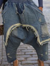 Brushed Hole Fashion Loose Denim Harlequin Pants SH-391378