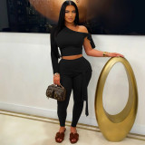 Single Shoulder Long Sleeve Tie Up Two Piece Pants Set MZ-2904