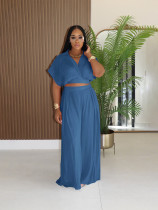 Solid Lapel Crop Top And Wide Leg Pants 2 Piece Set SFY-716
