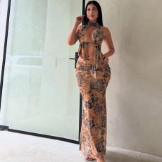 Sexy Mesh Print Hollow Out Backless Skirt Suit GYME-K25S65183