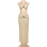 Sexy Solid Wrap Chest Tops Split Long Skirts Suit GYME-K25S68753