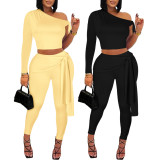 Single Shoulder Long Sleeve Tie Up Two Piece Pants Set MZ-2904