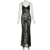 Mesh See Through V Neck Backless Maxi Dress GYME-K25D63143