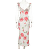 V Neck Print Sling Midi Dress FL-YL25141PFO