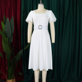 Plus Size Solid Color Flare Sleeve Belt Midi Dress GCZF-8629