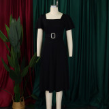 Plus Size Solid Color Flare Sleeve Belt Midi Dress GCZF-8629