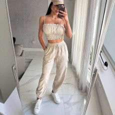Solid Color Sling Pleated Tops And Pants 2 Piece Set GYSF-1105