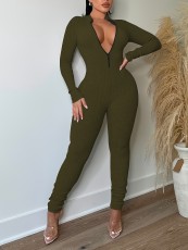 Plus Size Solid Color Long Sleeve Zipper Jumpsuit OSIF-8899