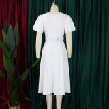Plus Size Solid Color Flare Sleeve Belt Midi Dress GCZF-8629