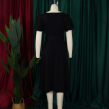 Plus Size Solid Color Flare Sleeve Belt Midi Dress GCZF-8629