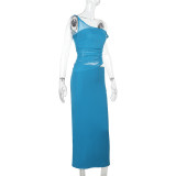 Slant Shoulder Twisted Tie Mesh Patchwork Maxi Dress FL-YL25098PFO