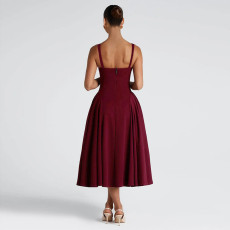Sexy Solid Color Square Neck Backless Midi Dress FL-YL25046DGO