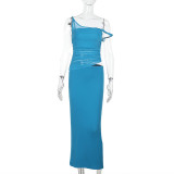 Slant Shoulder Twisted Tie Mesh Patchwork Maxi Dress FL-YL25098PFO
