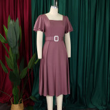 Plus Size Solid Color Flare Sleeve Belt Midi Dress GCZF-8629