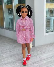 Kids Girl Long Sleeve Plaid Shirt Shorts Suit GYAY-8121