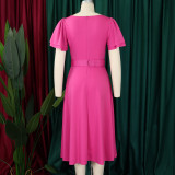 Plus Size Solid Color Flare Sleeve Belt Midi Dress GCZF-8629