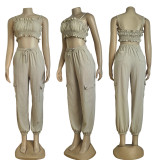 Solid Color Sling Pleated Tops And Pants 2 Piece Set GYSF-1105