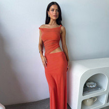 Slant Shoulder Twisted Tie Mesh Patchwork Maxi Dress FL-YL25098PFO