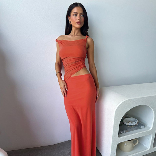 Slant Shoulder Twisted Tie Mesh Patchwork Maxi Dress FL-YL25098PFO