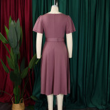 Plus Size Solid Color Flare Sleeve Belt Midi Dress GCZF-8629