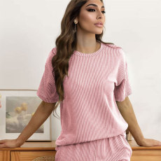 Solid Color Short Sleeve Two Piece Shorts Set SSNF-211489