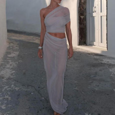 Sexy Mesh Slash Shoulder Maxi Dress FL-ZX25009PFO