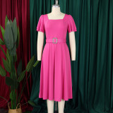 Plus Size Solid Color Flare Sleeve Belt Midi Dress GCZF-8629
