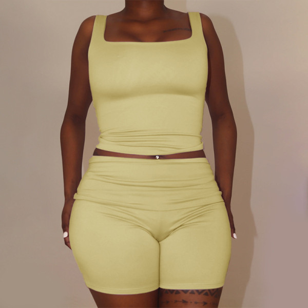 Square Neck Solid Color Two Piece Shorts Set FL-YL25031MHO