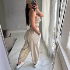 Solid Color Sling Pleated Tops And Pants 2 Piece Set GYSF-1105