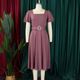 Plus Size Solid Color Flare Sleeve Belt Midi Dress GCZF-8629