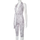 Printed Halterneck Backless Hollow Out Lace-Up Jumpsuit GDSF-J25JP049