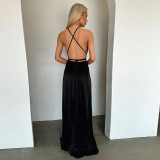 Sexy Deep V Neck Solid Color Satin Halter Maxi Dress FL-YJ25046PFO