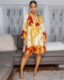 Plus Size  Floral Print V-Neck Patchwork Color Clash Mini Dress NY-3601