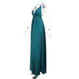 Sexy Deep V Neck Solid Color Satin Halter Maxi Dress FL-YJ25046PFO