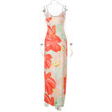 Hollow Out Print Backless Sling Long Dress FL-WQ25123PFO