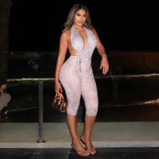 Printed Halterneck Backless Hollow Out Lace-Up Jumpsuit GDSF-J25JP049