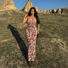 Deep V Neck Print Backless Maxi Dress FL-WQ25135MHO