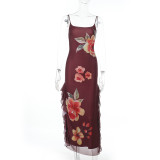 Floral Mesh Flutter Split Maxi Dress FL-XY25008DGO