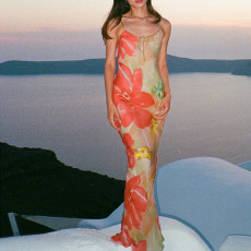 Hollow Out Print Backless Sling Long Dress FL-WQ25123PFO